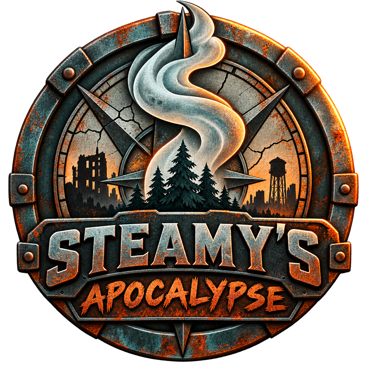 Steamy's Apocalypse metal emblem, with a steam plume rising above a ruined town